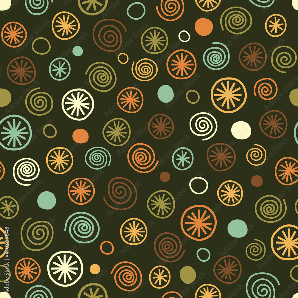 Abstract dots wheels geometric vector seamless pattern dark green background