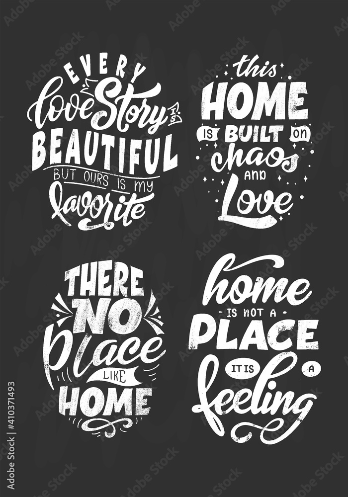 Set of home quote on blackboard background with chalk. Hand drawn lettering poster for housewarning poster, greeting card, decoration. Vector illustration