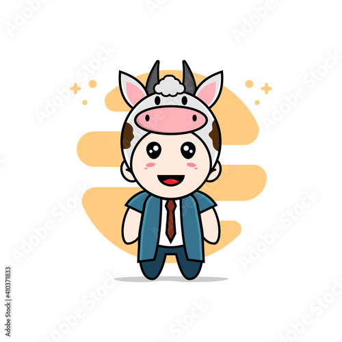 Cute businessman character wearing cow costume.
