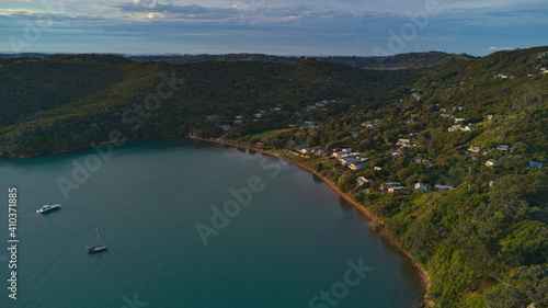 Aerial view of Rocky Bay, Waiheke Island in New Zealand.