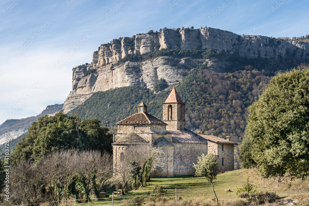 Beautiful landscape with rocallarga mountains and the church of Sant Joan de Fabregues near Rupit , Barcelona, Spain.