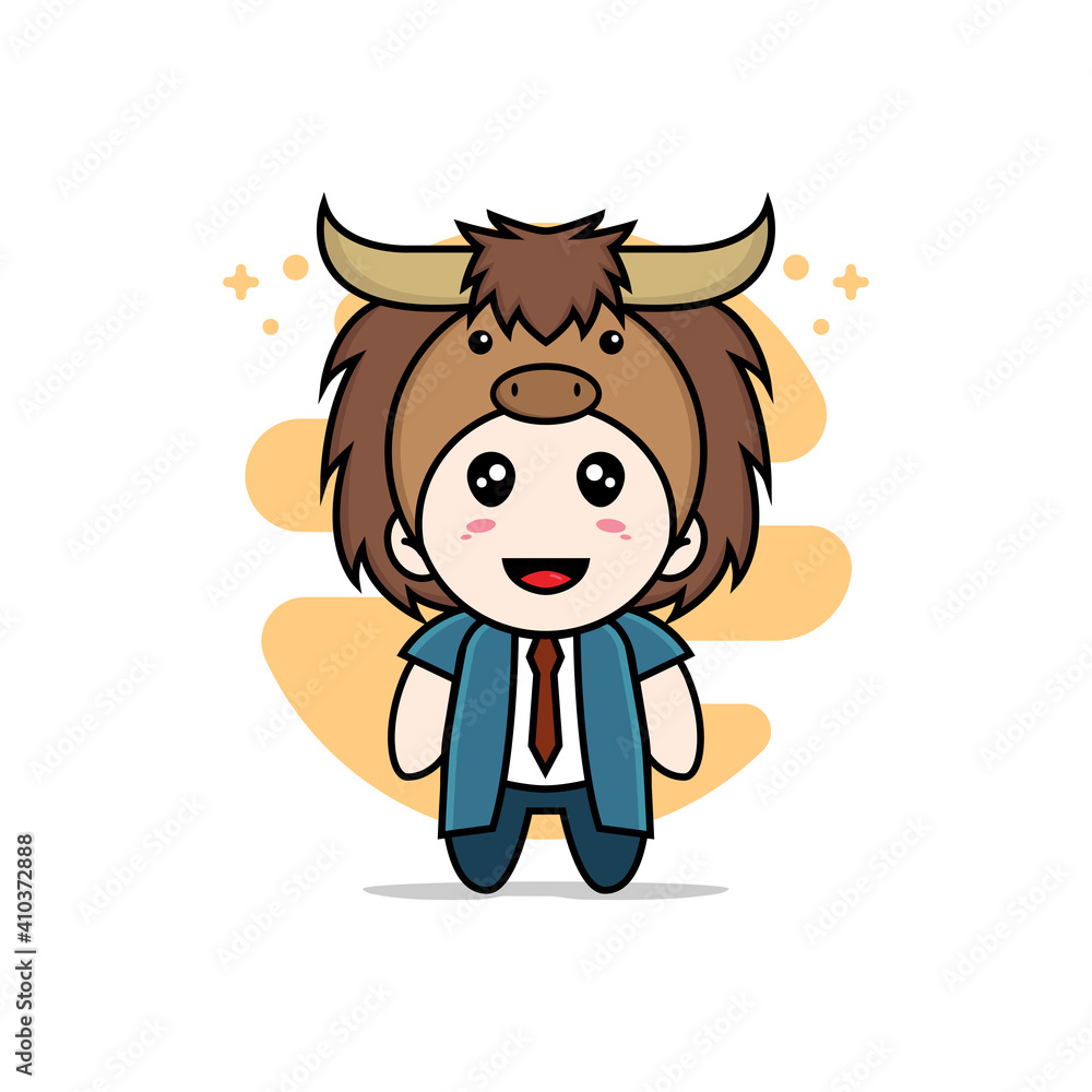 Cute businessman character wearing bull costume. Cute businessman character wearing bull costume.