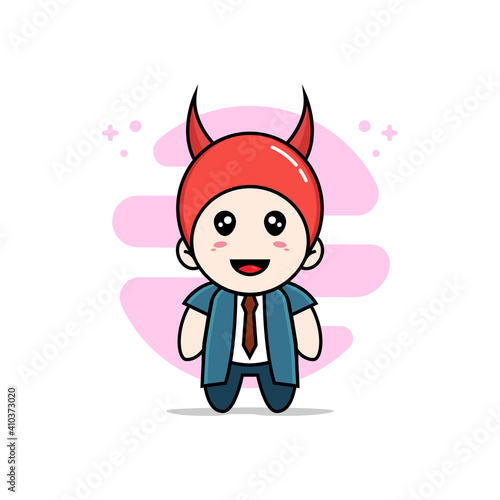 Cute businessman character wearing devil costume.