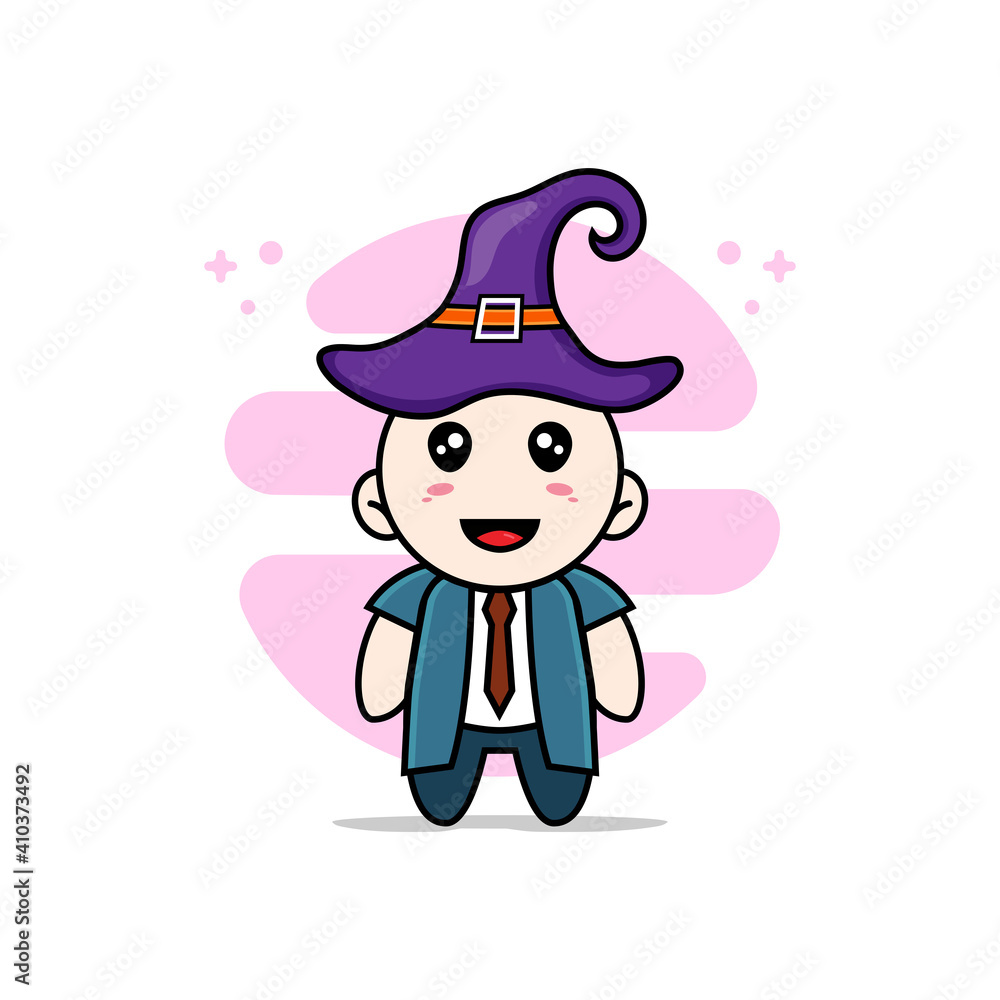 Fototapeta premium Cute businessman character wearing witch hat.