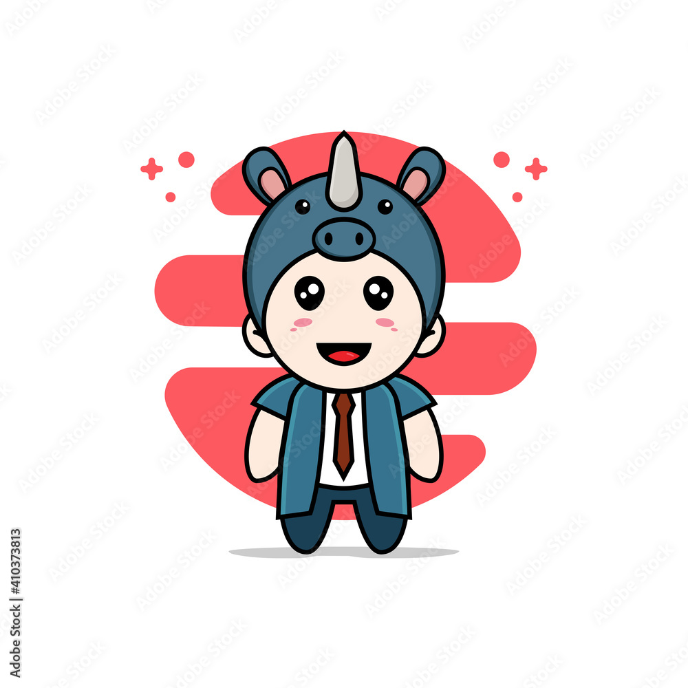Cute businessman character wearing rhino costume.