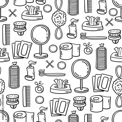 Vector seamless pattern with hygiene items. Cartoon background with hand drawn personal care products on white color