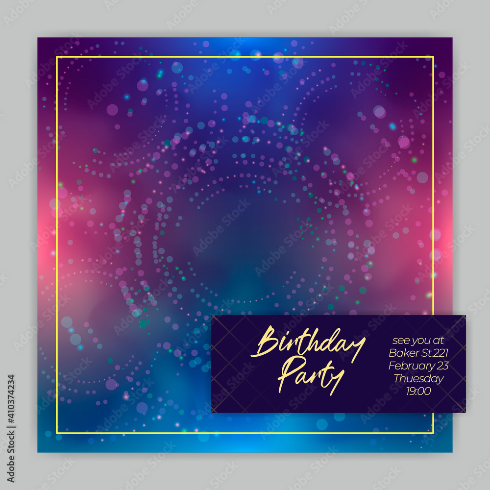 Obraz premium Greeting card or social media post. Party invitation with a space background 