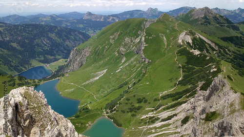 View from the Lachenspitze to the Traualpsee and Vilsalpsee in the Tannheimer Tal in Austria photo