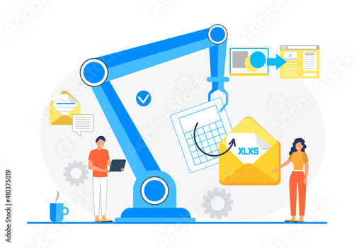 XLXS converter from excel, word document concept. Screen with changing or converting process of document to another format. Flat vector illustration for app, website, banner