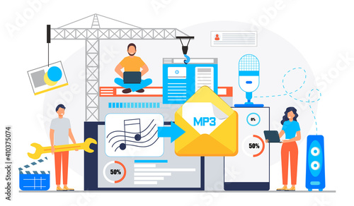 MP3 converter concept with tiny people. Screen with changing or converting process of document to another format. Audio compression. Flat vector illustration for app, website, banner photo