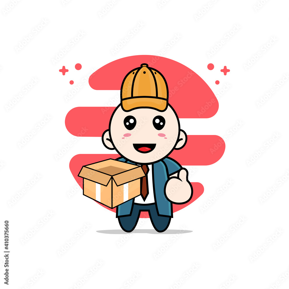 Cute businessman character wearing delivery boy costume. Cute businessman character wearing delivery boy costume.