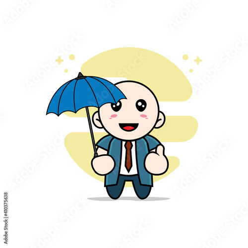Cute businessman character holding a umbrella.
