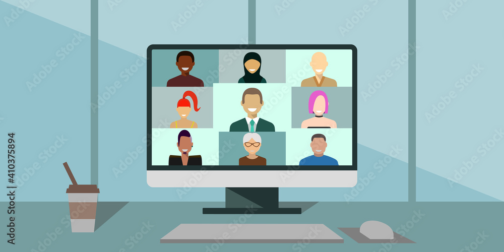 Office computer with icons of people, video communication. Flat style icons, illustration for internet business and online learning websites