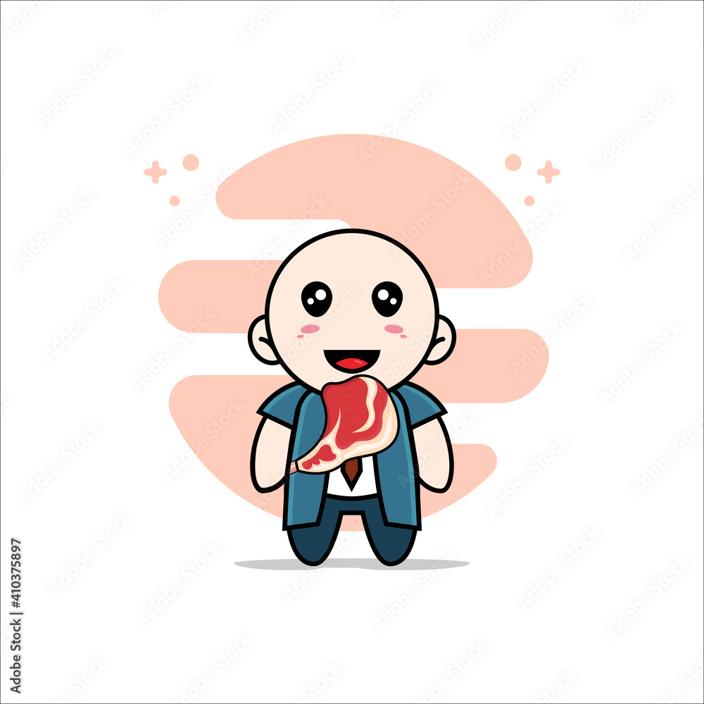 Cute businessman character holding a meat. Cute businessman character holding a meat.