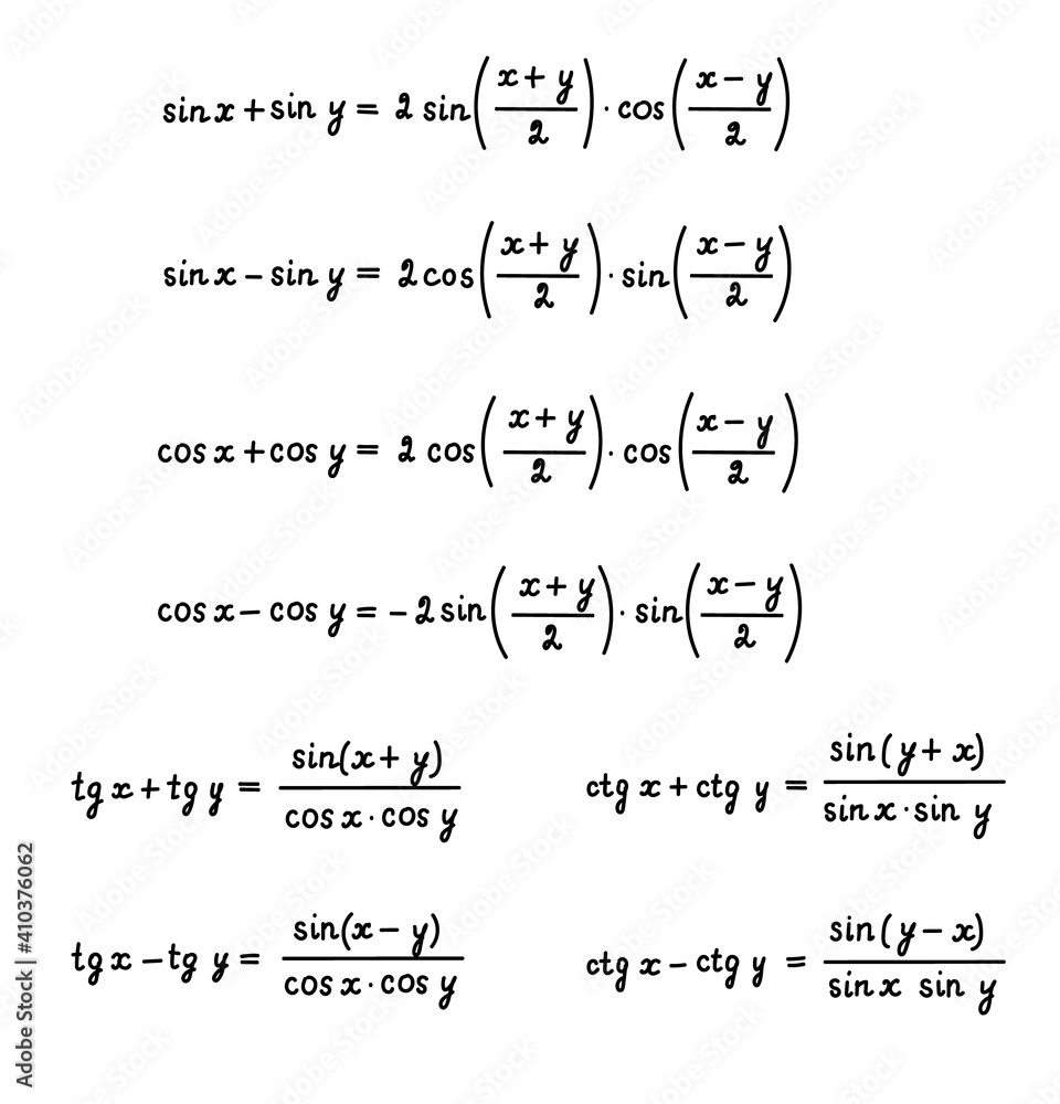 Basic trigonometric identities.Formulas for calculating sums and differences of angles.Education, getting classes, school program Higher mathematics.Handwritten math text.Isolated.