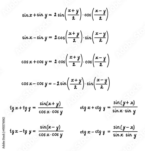 Basic trigonometric identities.Formulas for calculating sums and differences of angles.Education, getting classes, school program Higher mathematics.Handwritten math text.Isolated.