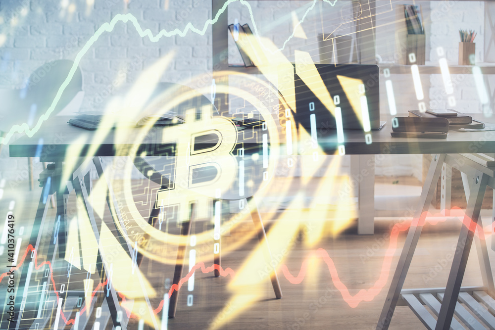 Double exposure of crypto technology theme drawing and office interior background. Concept of blockchain. Double exposure of crypto technology theme drawing and office interior background. Concept of blockchain.