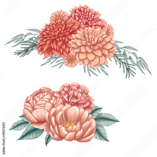 summer flowers, dahlias, peonies, wedding bouquets, wedding decoration, wedding stationery decor