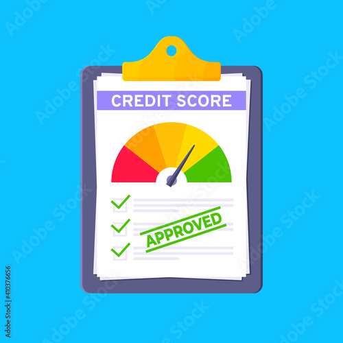 Approved credit score gauge speedometer indicator with color levels on clipboard. Measurement from poor to excellent rating for credit or mortgage loans flat style vector illustration.