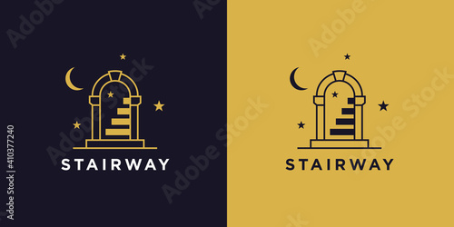 Magic door stairway logo. Doorway stairs line icon. Old staircase with night stars and moon sign. Vector illustration.