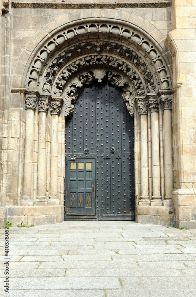 South door of Saint Martin Cathedral in the Plaza do Trigo at the city of Ourense, Galicia, Spain