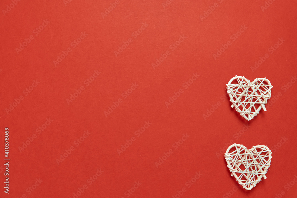 Obraz premium Two white homemade hearts background. Love symbol, romantic background. Valentine's day holiday gift card. High quality photo