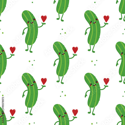 Cute fresh green cartoon cucumber character holding, giving, offering red heart vector seamless pattern background.