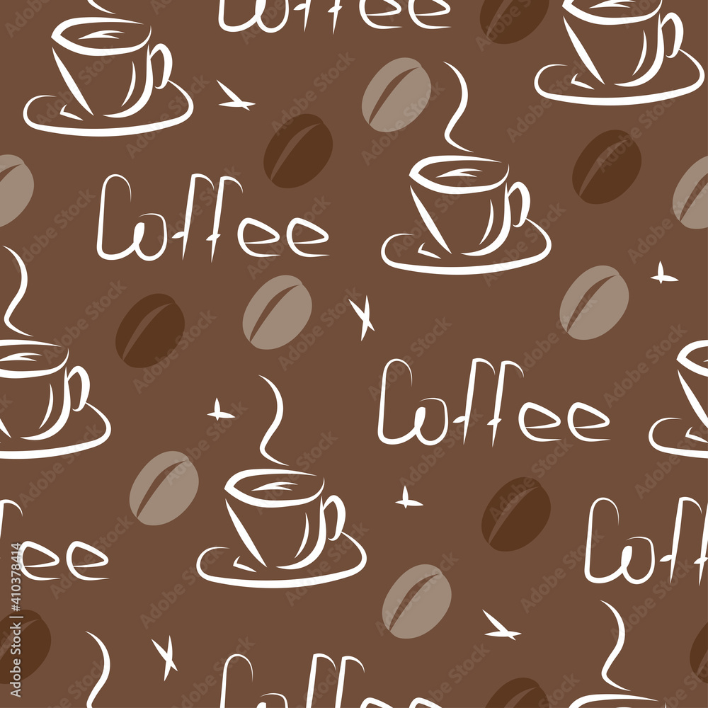 Obraz premium Seamless pattern of coffee cups and beans on a dark brown background. Lettering. Vector illustration