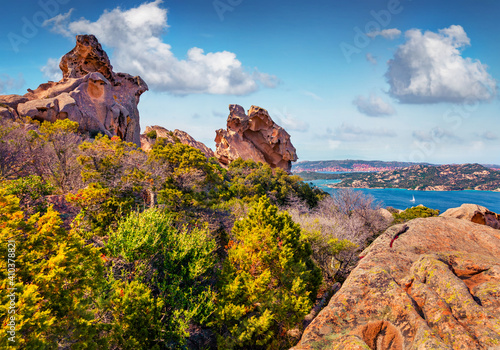 Adorable spring view of outskirts of Palau port, Province of Olbia-Tempio, Italy, Europe. View from popular tourist destination - Rock of the Bear. Incredible morning scene of Sardinia island. photo