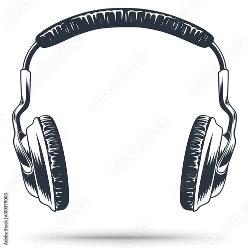 Headphones for music. Gaming headphones or headset. Hand drawing. Vintage style. Isolated on a white background.