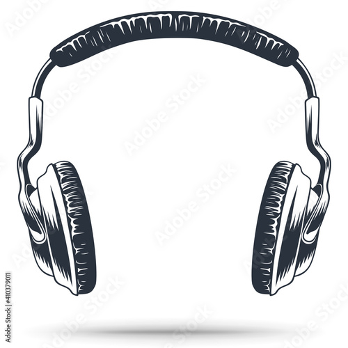 Headphones for music. Gaming headphones or headset. Hand drawing. Vintage style. Isolated on a white background.