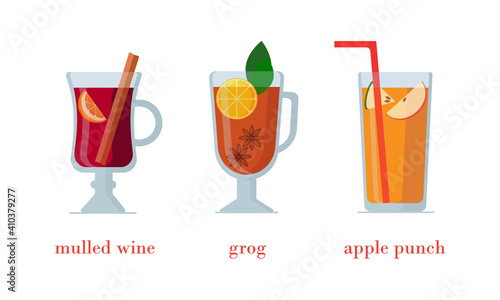 Set of hot alcoholic beverages in glass glasses, isolated on white background.  of Mulled wine with cinnamon stick and orange, grog with lemon, star anise, apple punch .Vector illustration. Flat style