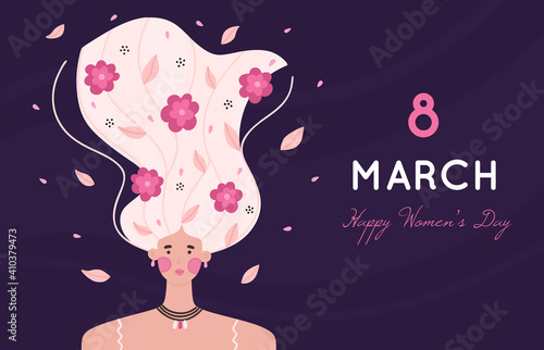 8 March. International Women's Day. Portrait of girl with raised hair decorated with many flowers on dark background. Woman with blooming hairstyle. Spring holiday. Poster, invitation, banner. Vector