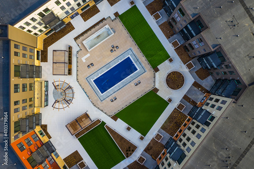 Aerial view of a geometric residential building in Chicago, Illinois. United States of America. photo