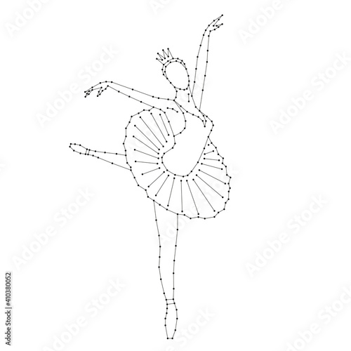 Balerina, balette dencer in the pose arabesque from abstract futuristic polygonal black lines and dots. Vector illustration.