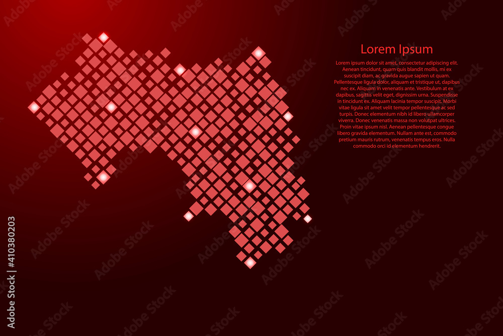 Guinea map from red pattern rhombuses of different sizes and glowing space stars grid. Vector illustration.