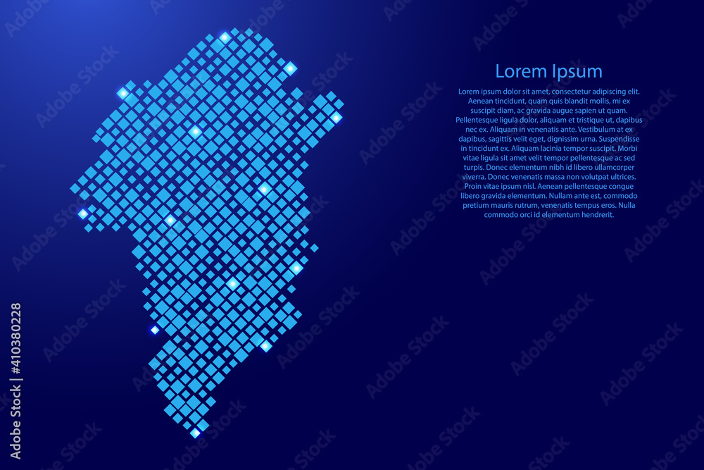Greenland map from blue pattern rhombuses of different sizes and glowing space stars grid. Vector illustration.