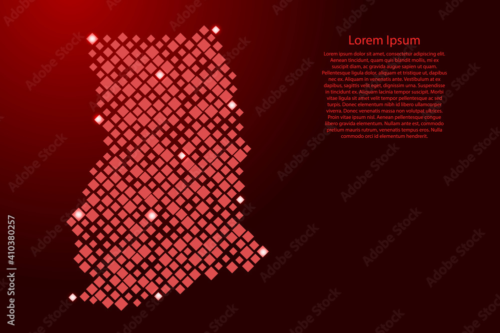 Ghana map from red pattern rhombuses of different sizes and glowing space stars grid. Vector illustration.