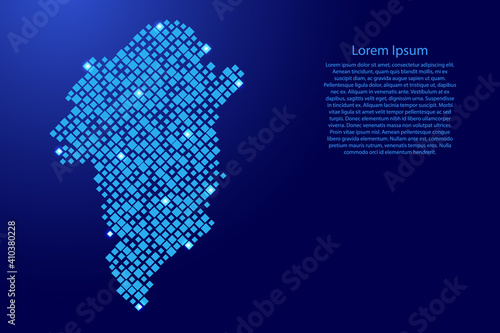 Greenland map from blue pattern rhombuses of different sizes and glowing space stars grid. Vector illustration.
