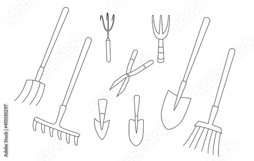 A wide range of accessories for the garden and vegetable garden for soil processing and plant care. Simple linear illustration. Suitable for using children's coloring pages, thematic posts and publica
