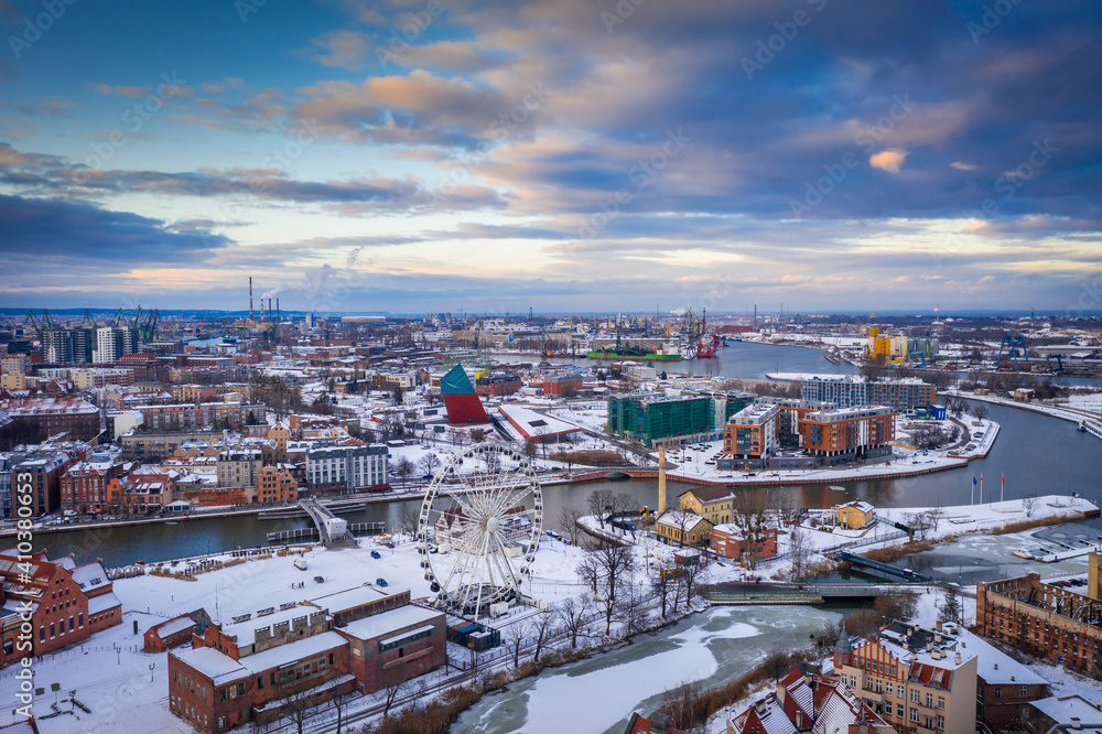 Aerial view of the old town in Gdansk city at winter sunset, Poland