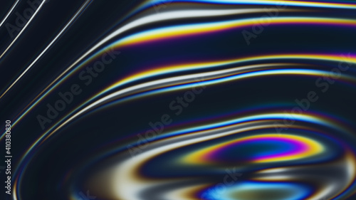 3d wavy fluorescent surface. Abstract waving background with thin film effect. Liquid multicolor pattern, iridescent glossy ripples. 3d render illustration.