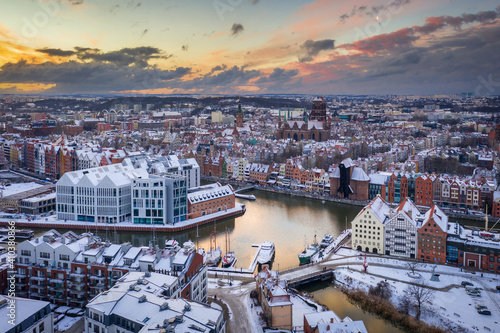 Aerial view of the old town in Gdansk city at winter sunset, Poland