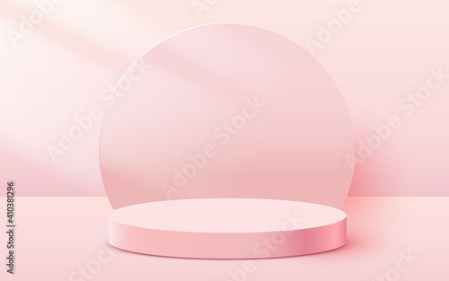 Abstract scene background. Cylinder podium on pink background. Product presentation, mock up, show cosmetic product, Podium, stage pedestal or platform.