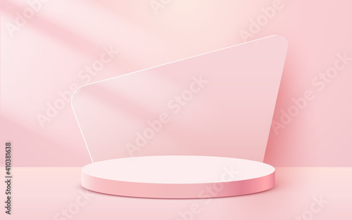 Abstract scene background. Cylinder podium on pink background. Product presentation, mock up, show cosmetic product, Podium, stage pedestal or platform.