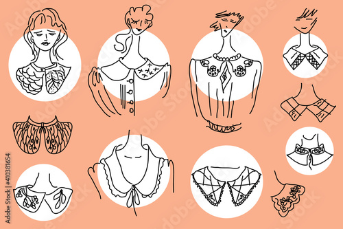 Sketches, options and types of modern fashionable big turn-down collar,  illustration of womens fashion 2021 trend.