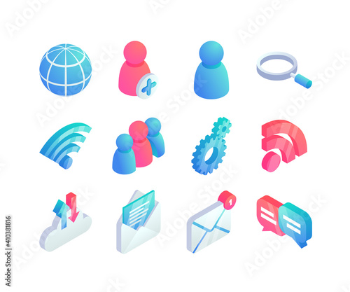 Isometric network icons set, 3d infographics