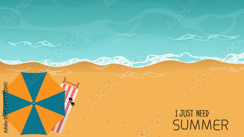 Seashore top view, Beach umbrella summer with sand, sea water and beach background. Vector illustration