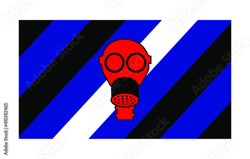 Vector illustration of the flat Gasmask fetish pride flag on white background: blue, white and black stripes with a red gasmask. The symbol of the gasmask fetish community.