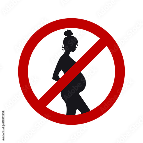 Dangerous for pregnant women. Black female silhouette of a pregnant woman in a round red prohibitory sign. Vector illustration isolated on white background.